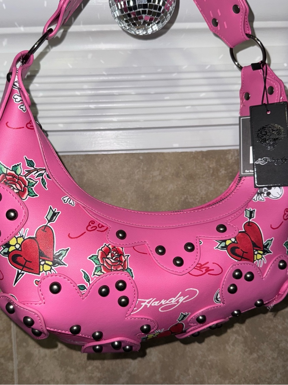 Ed Hardy Pink Studded Shoulder Bag Tattoo Graphic Silver Studs NWT NEW Y2K vibe